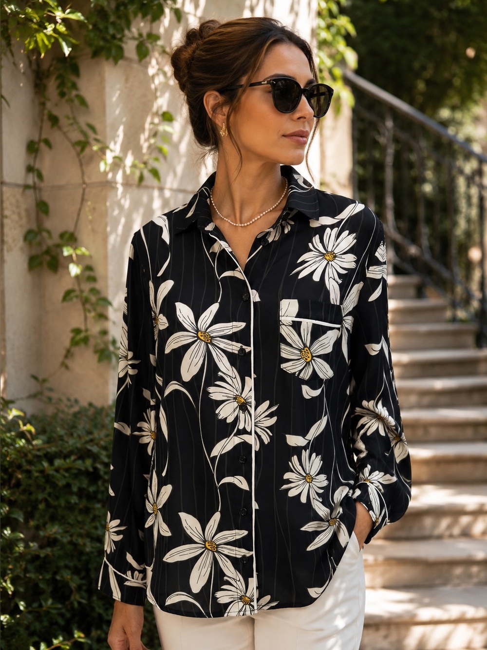 HARLYN Lightweight Black Daisy Print Button Front Polished Careerwear Blouse, L
